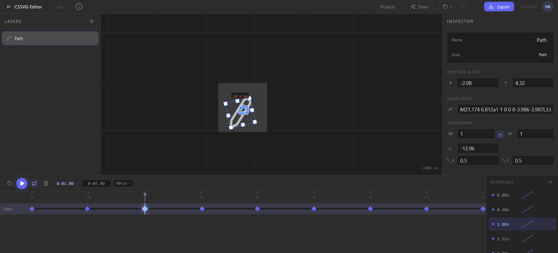 CSSVG Editor export screen showing CSS keyframes output