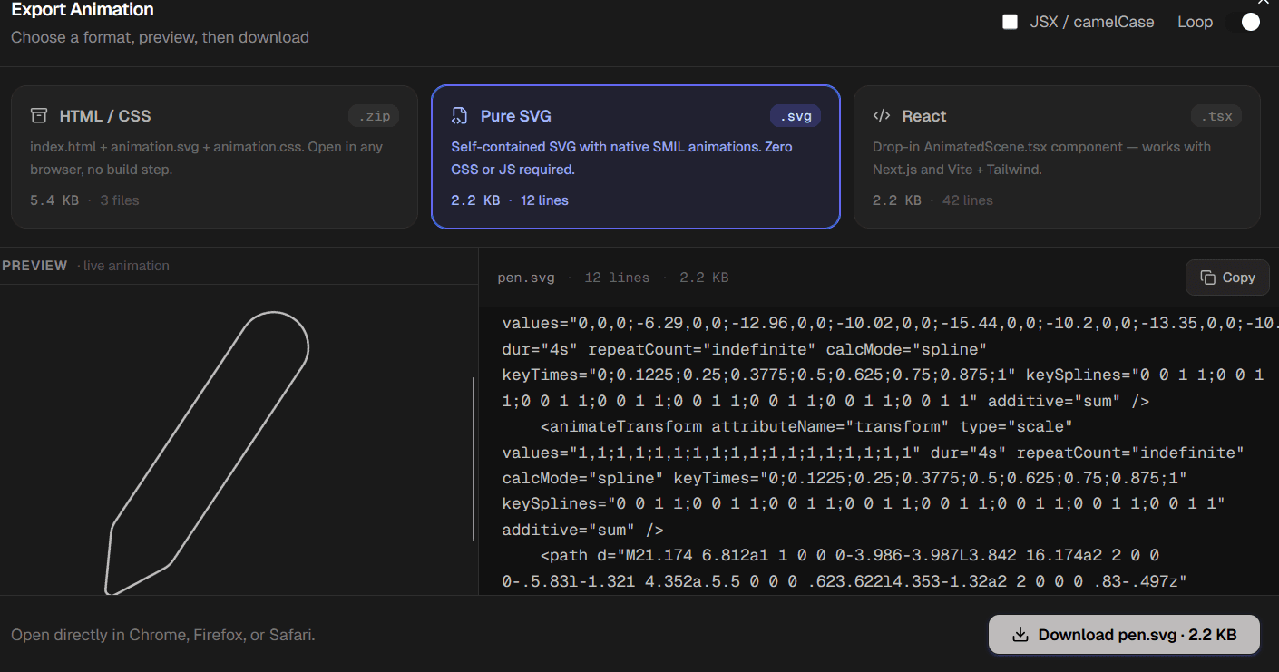 CSSVG Editor export screen showing CSS keyframes output