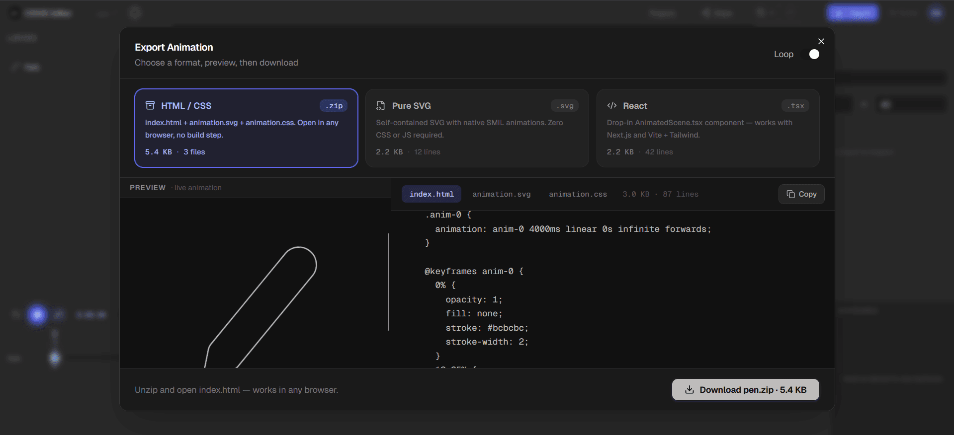 CSSVG Editor export screen showing CSS keyframes output